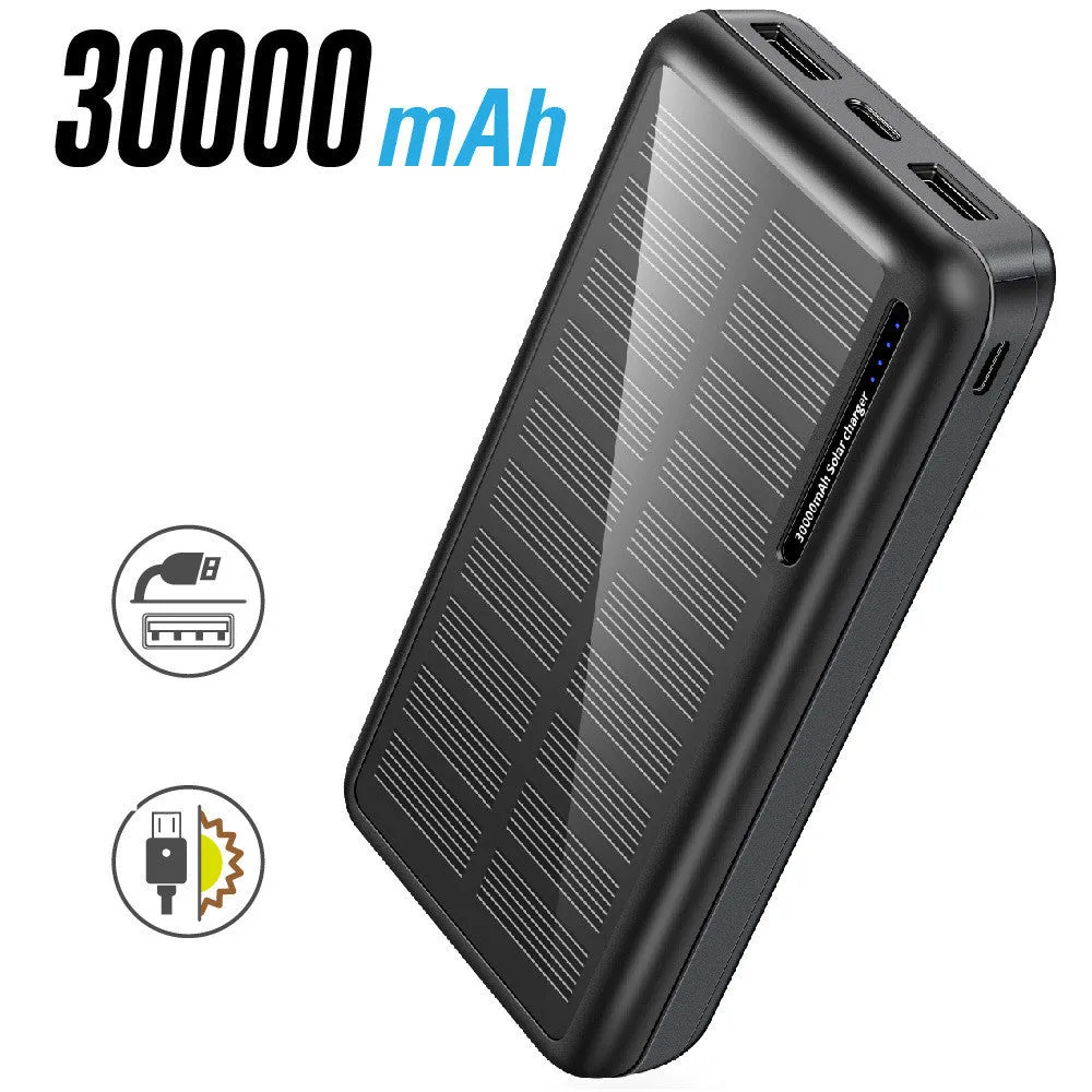 30000mAh all-black portable emergency power bank with solar panel feature