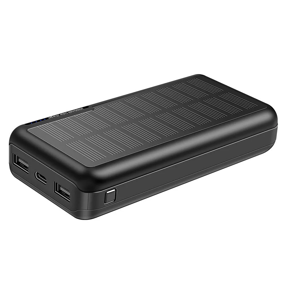 30000mAh all-black portable emergency power bank with solar panel feature