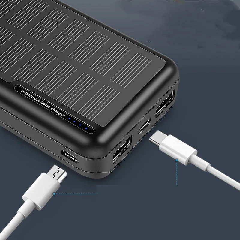 30000mAh all-black portable emergency power bank with solar panel feature