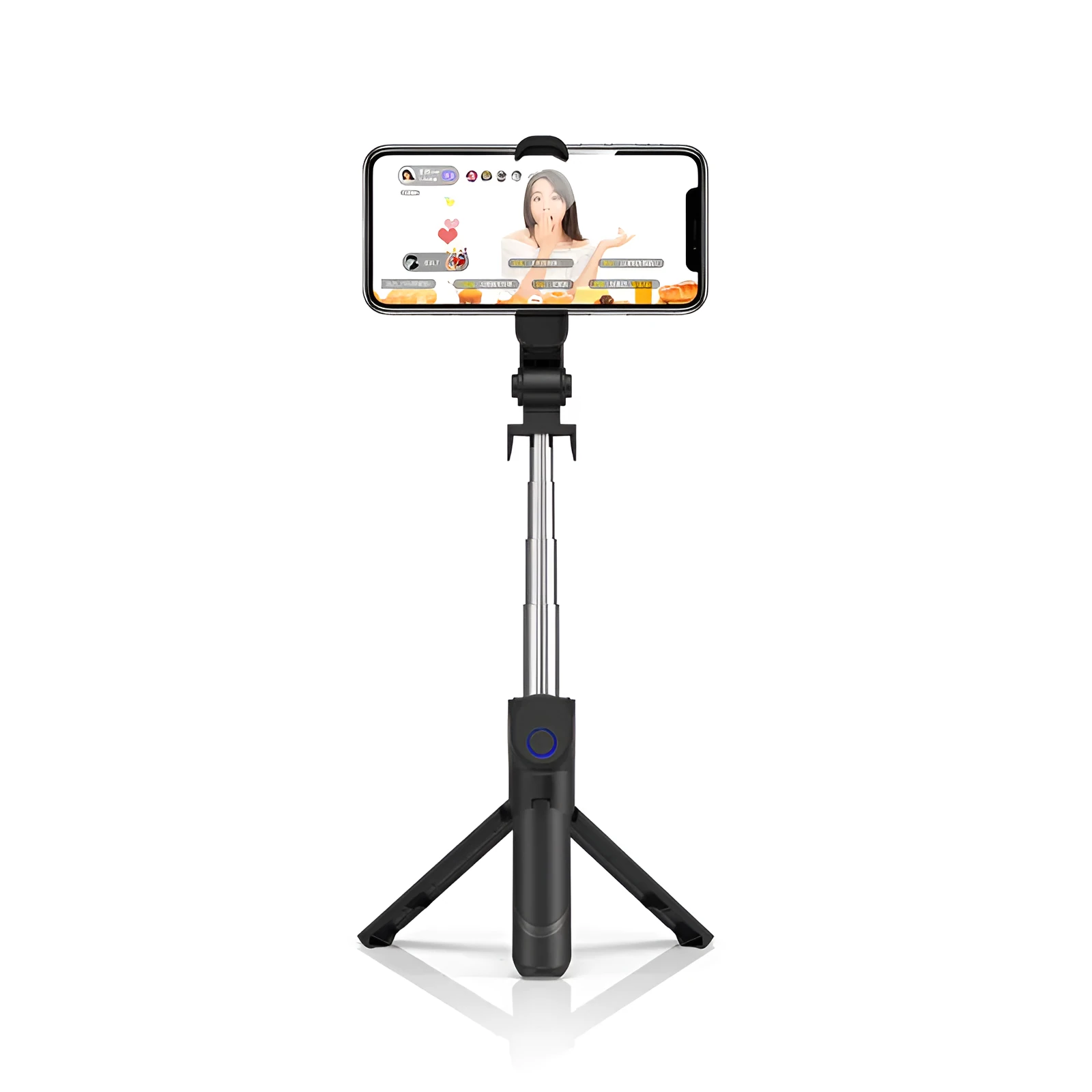 Selfie stick with aluminium alloy body and phone holder in tripod mode on a desk