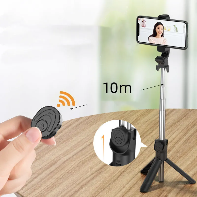 Selfie stick with aluminium alloy body and phone holder in tripod mode on a desk