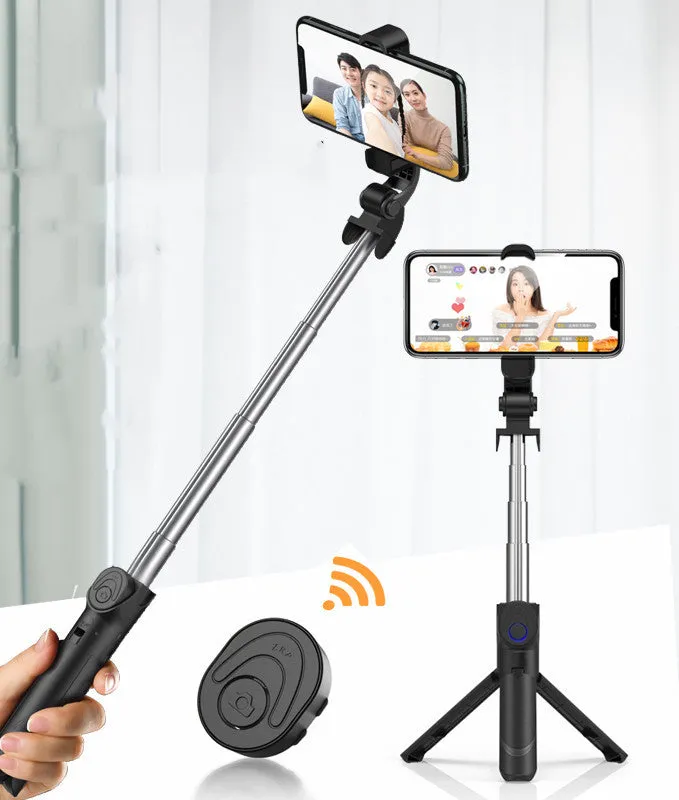 Selfie stick with aluminium alloy body and phone holder in tripod mode on a desk