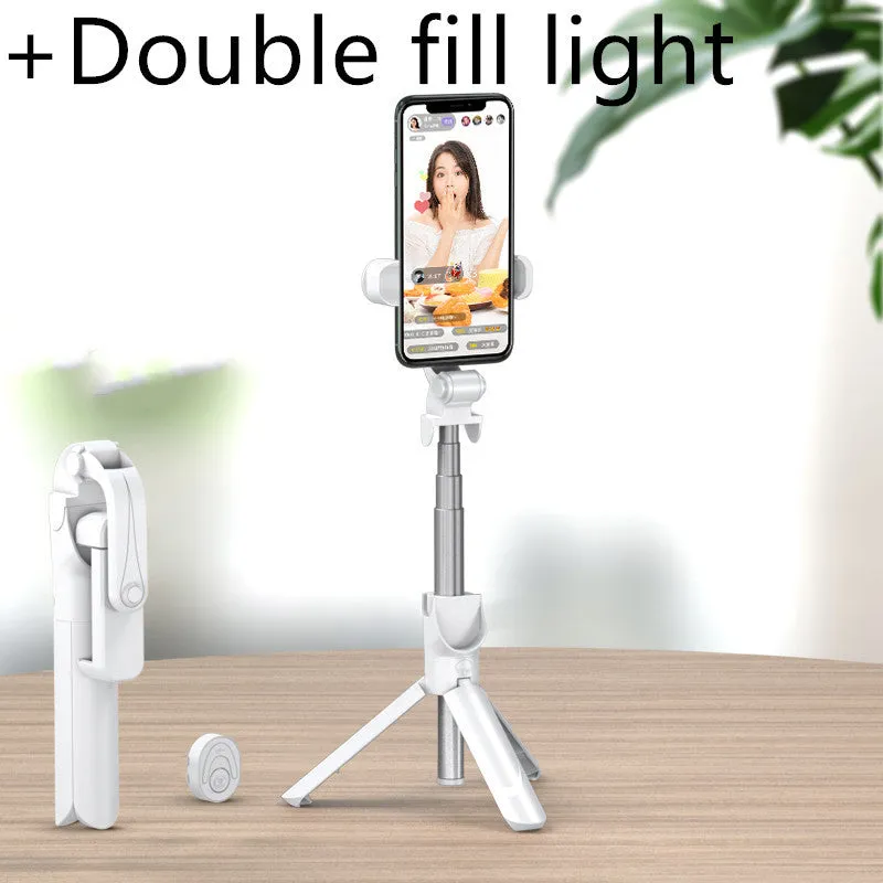 Selfie stick with aluminium alloy body and phone holder in tripod mode on a desk