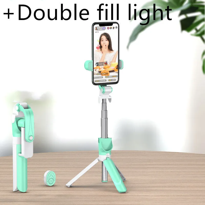 Selfie stick with aluminium alloy body and phone holder in tripod mode on a desk