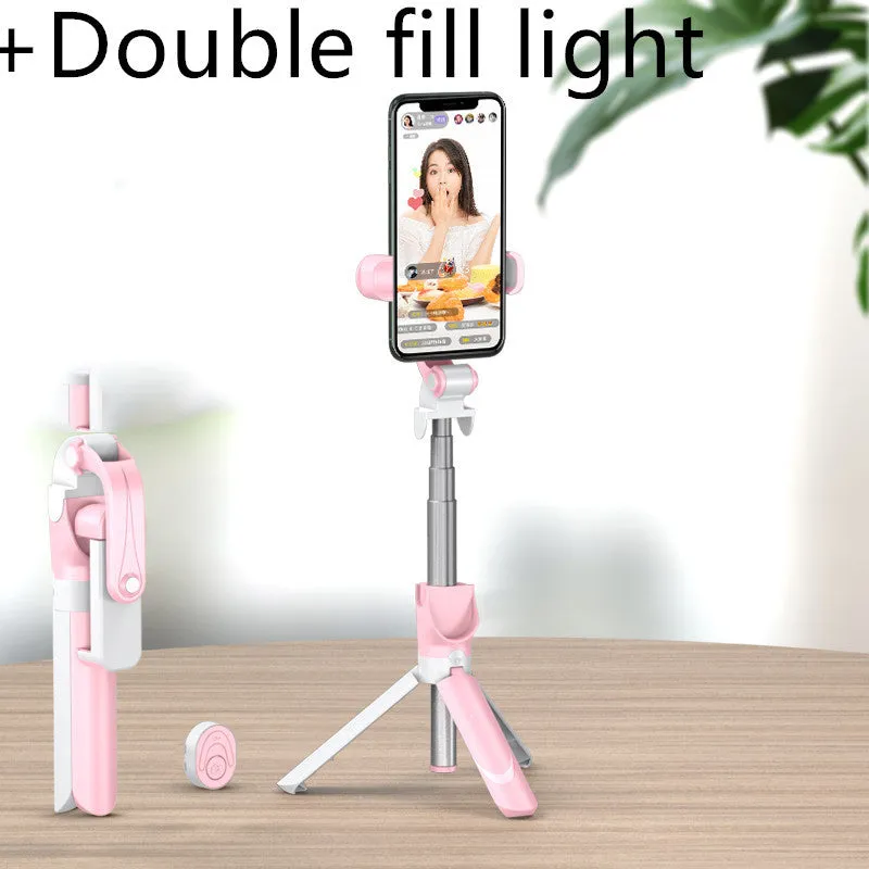 Selfie stick with aluminium alloy body and phone holder in tripod mode on a desk