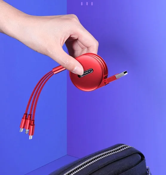 Three-in-one telescopic mobile phone fast charging data line with IOS Android Type-C connectors in black colour