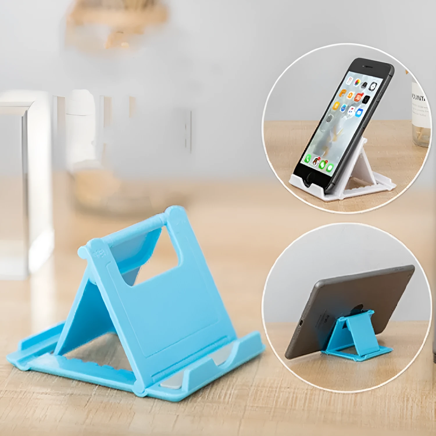 Multifunctional folding ABS stand for mobile phones and tablets, shown folded and in black colour