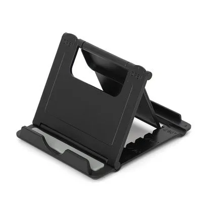 Multifunctional folding ABS stand for mobile phones and tablets, shown folded and in black colour