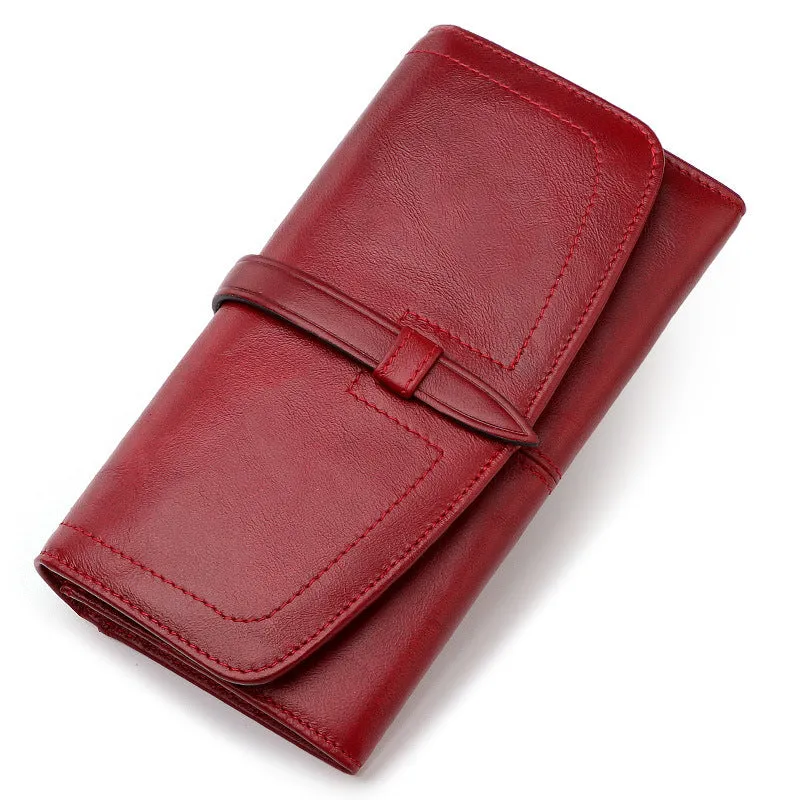 Long zipper retro womens wallet black genuine leather large capacity with multiple compartments