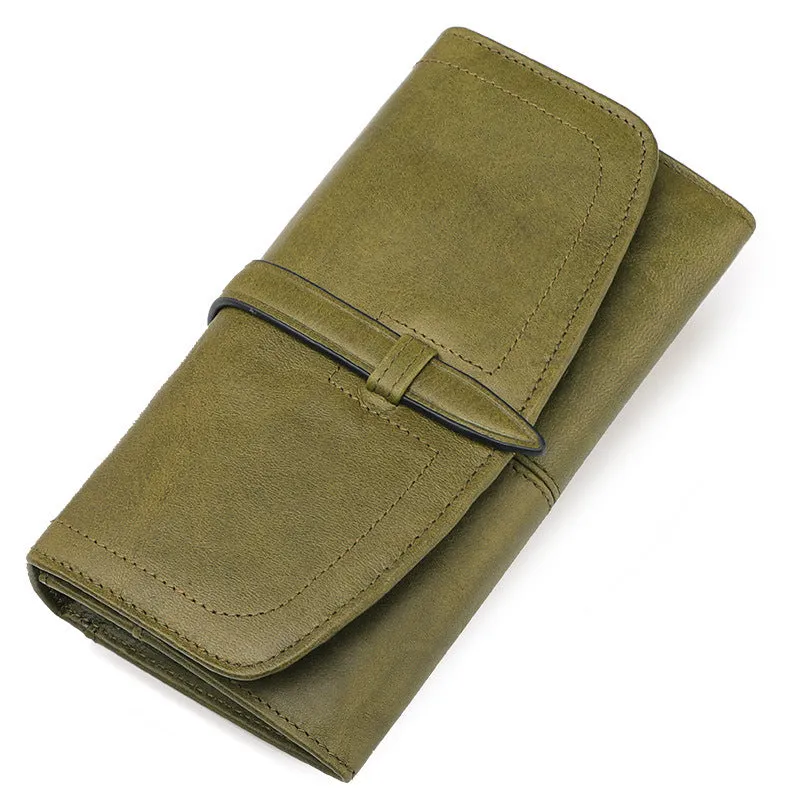Long zipper retro womens wallet black genuine leather large capacity with multiple compartments