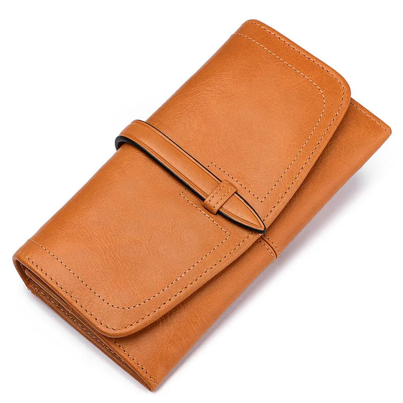 Long zipper retro womens wallet black genuine leather large capacity with multiple compartments