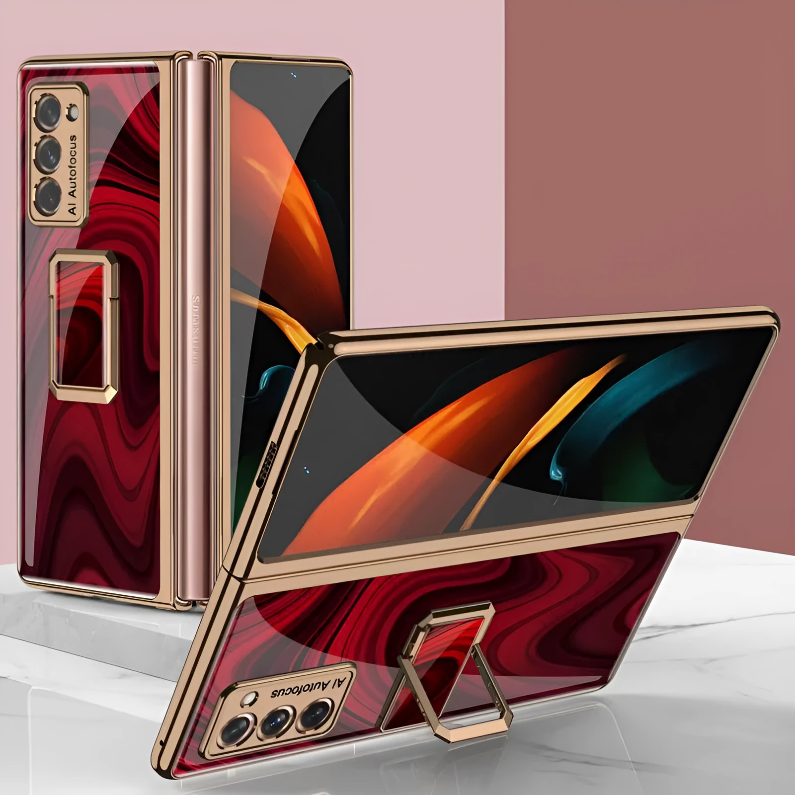 Folding vertical clock phone case for Samsung Galaxy Z Fold2 in malachite green with integrated clock stand