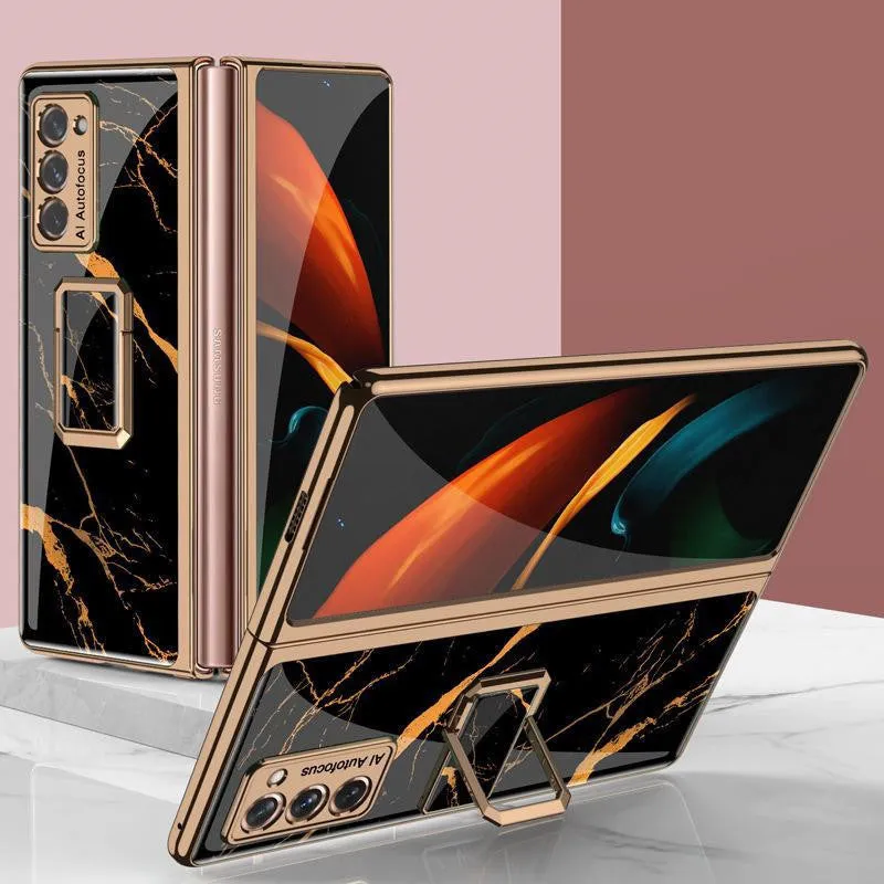 Folding vertical clock phone case for Samsung Galaxy Z Fold2 in malachite green with integrated clock stand