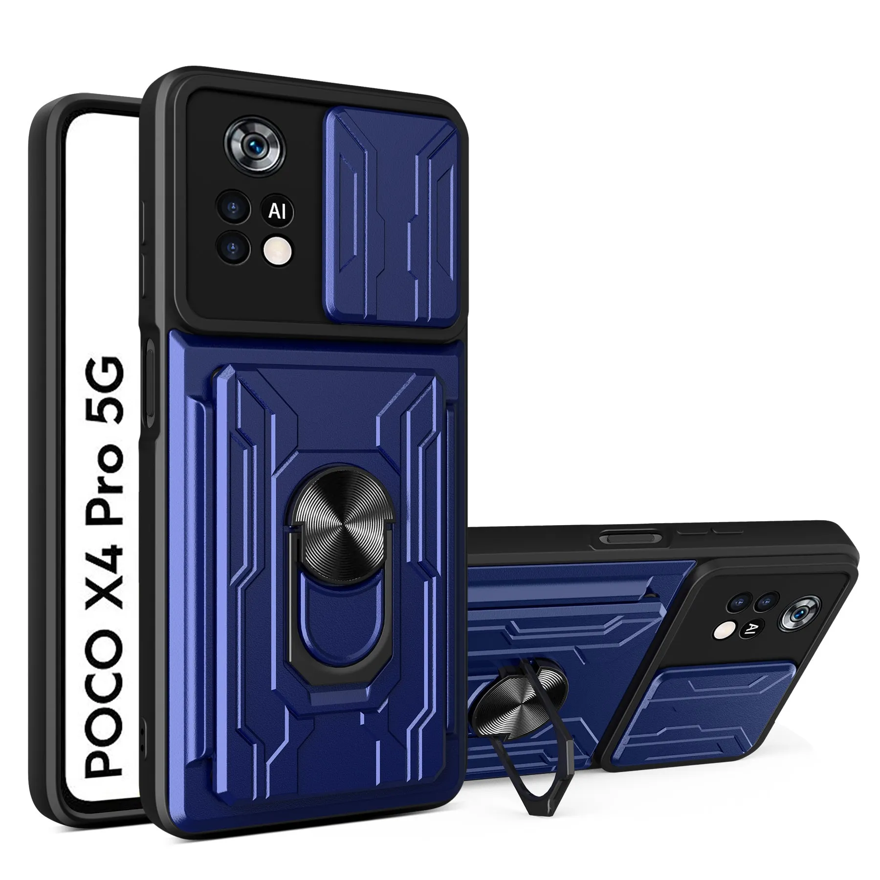 Multi-function card phone case with TPU and PC layers for Xiaomi Redmi POCO, solid colour, black