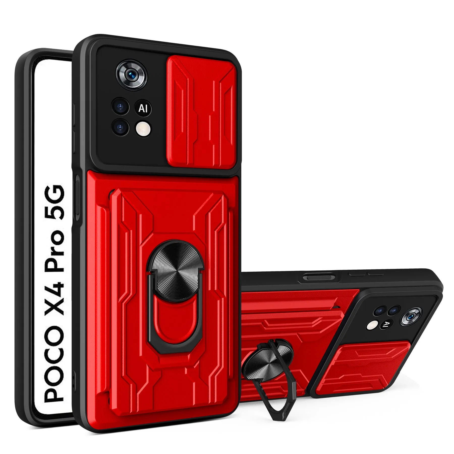 Multi-function card phone case with TPU and PC layers for Xiaomi Redmi POCO, solid colour, black
