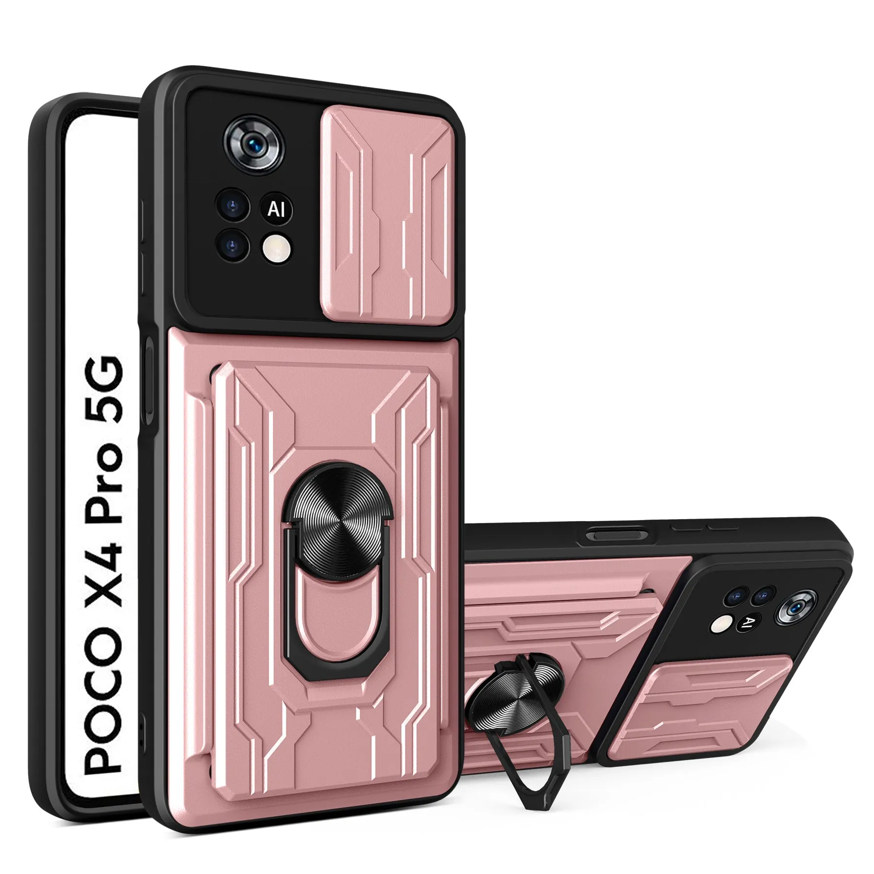 Multi-function card phone case with TPU and PC layers for Xiaomi Redmi POCO, solid colour, black