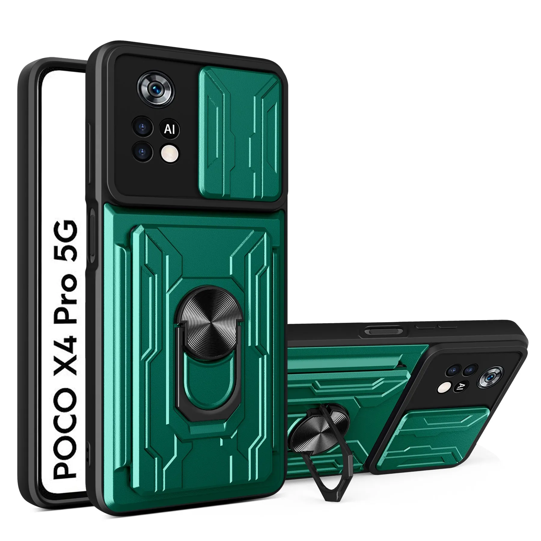 Multi-function card phone case with TPU and PC layers for Xiaomi Redmi POCO, solid colour, black