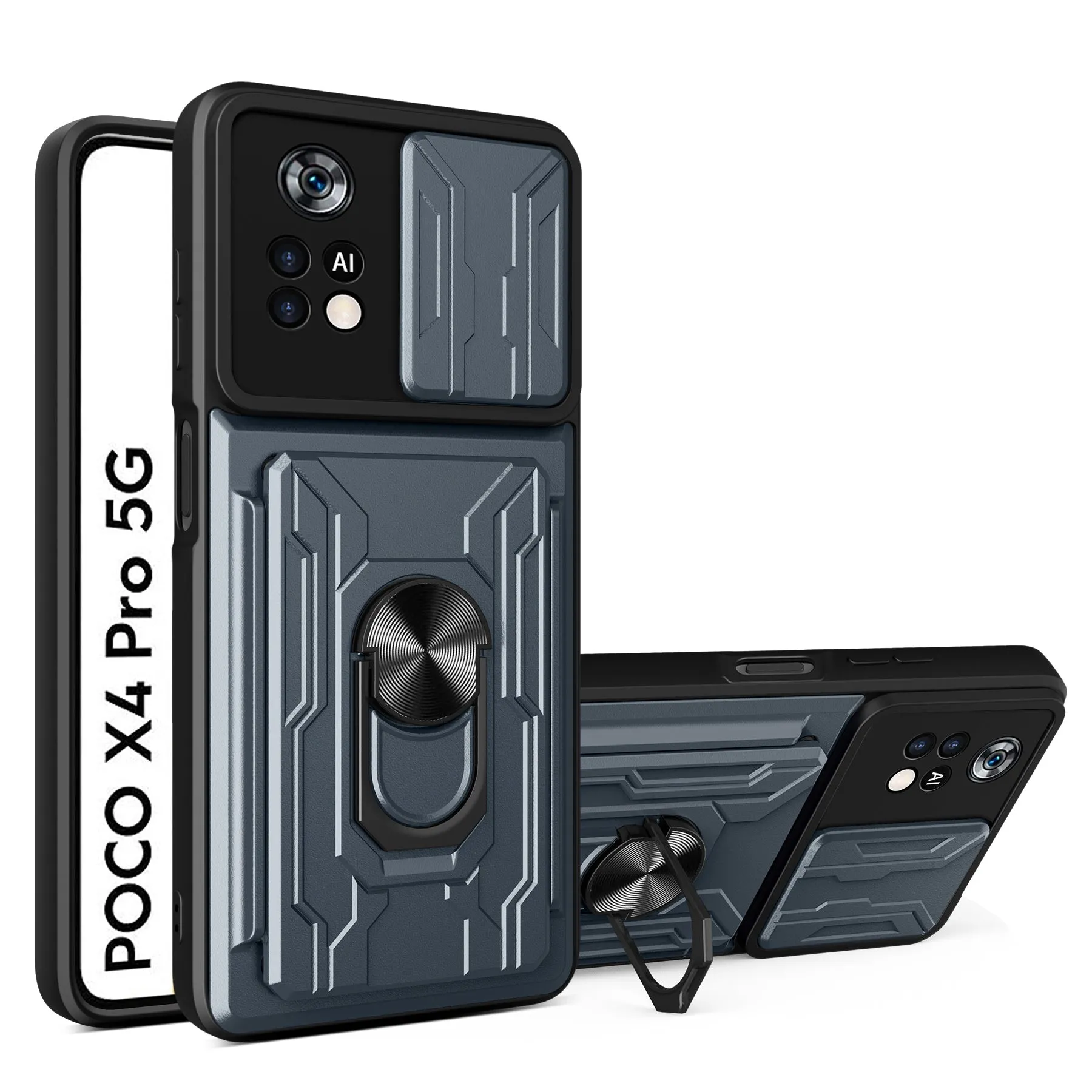 Multi-function card phone case with TPU and PC layers for Xiaomi Redmi POCO, solid colour, black
