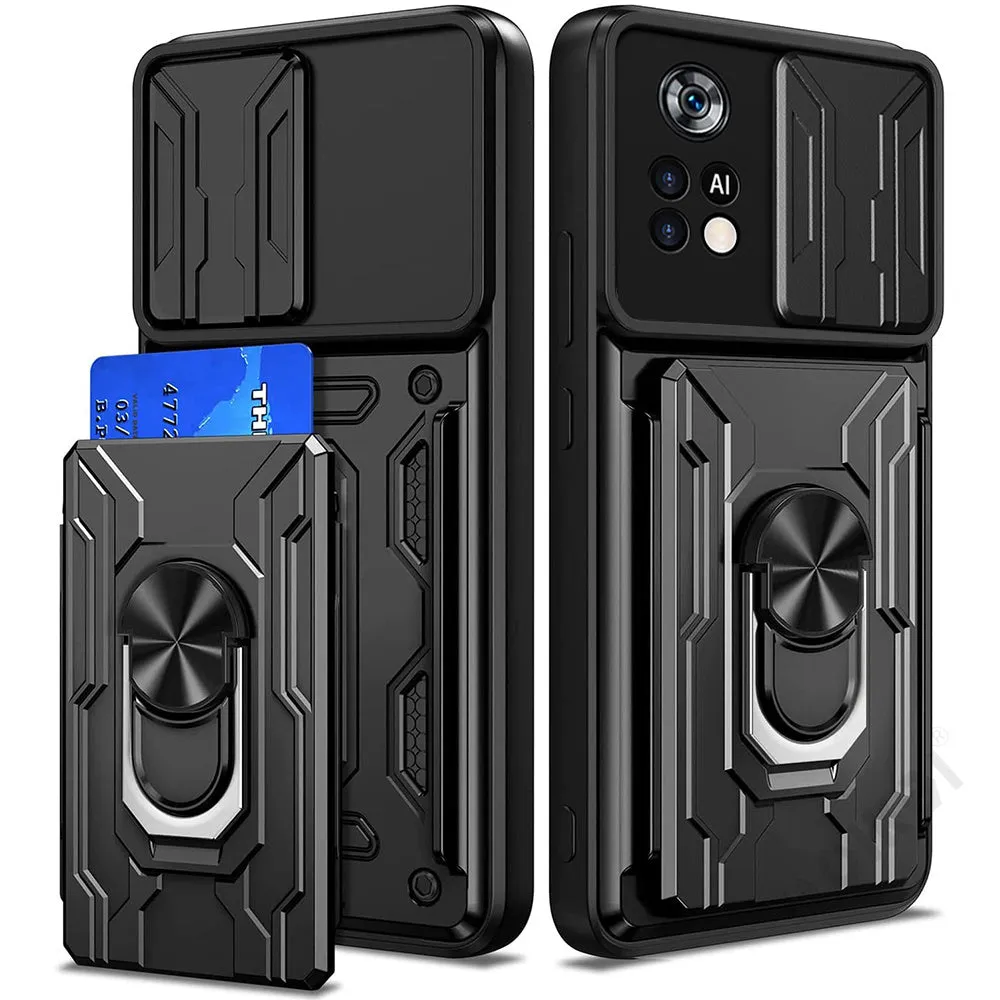 Multi-function card phone case with TPU and PC layers for Xiaomi Redmi POCO, solid colour, black