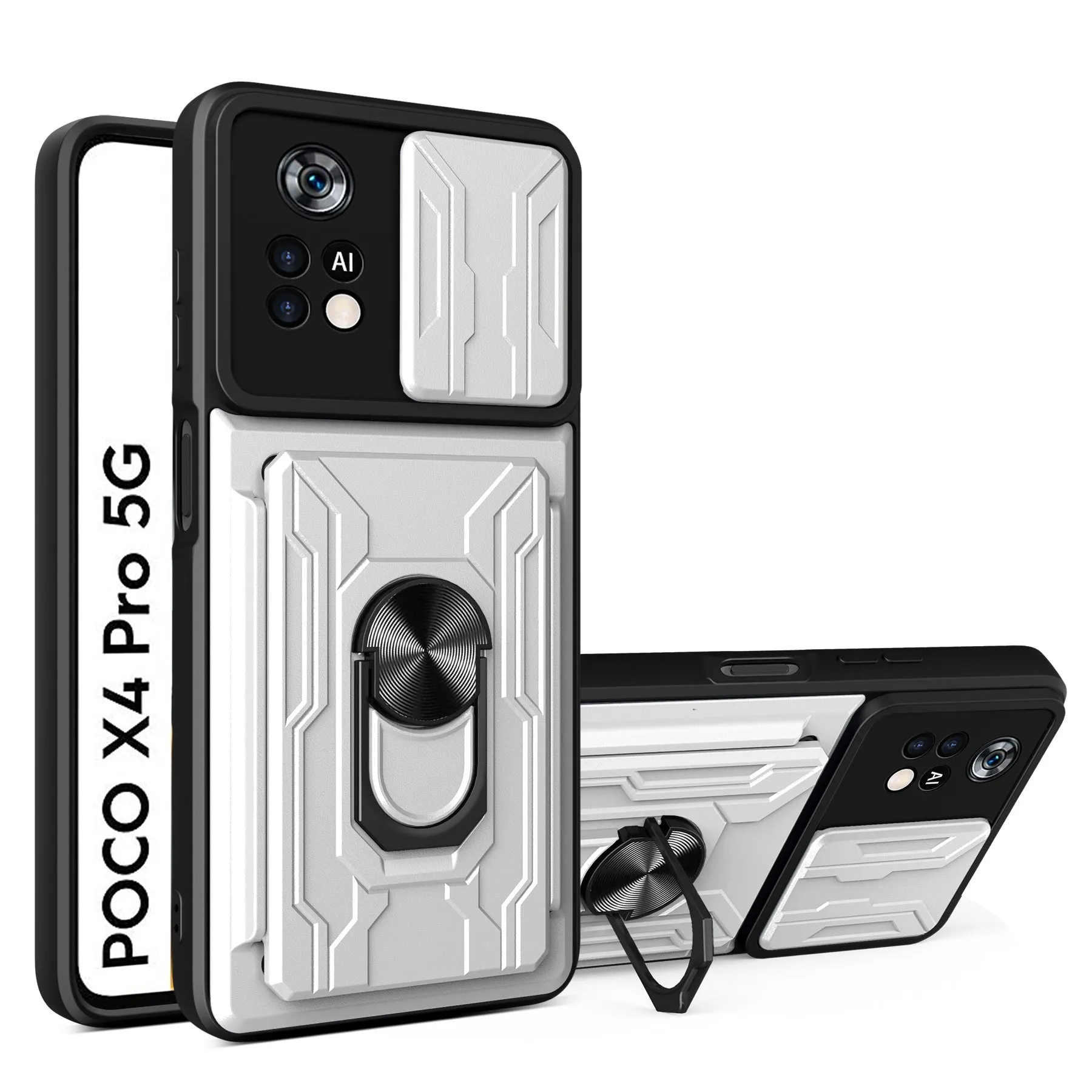 Multi-function card phone case with TPU and PC layers for Xiaomi Redmi POCO, solid colour, black