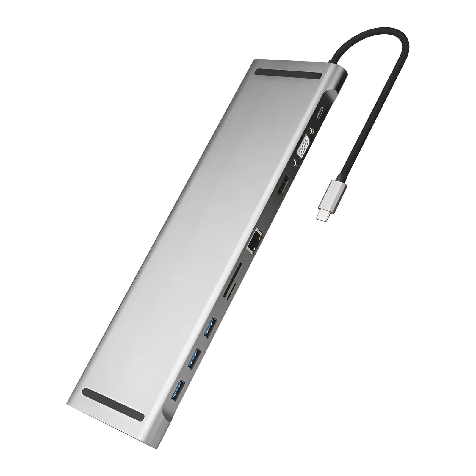 Grey aluminium USB C hub docking station with cooling bracket showing ten ports including HDMI and Ethernet