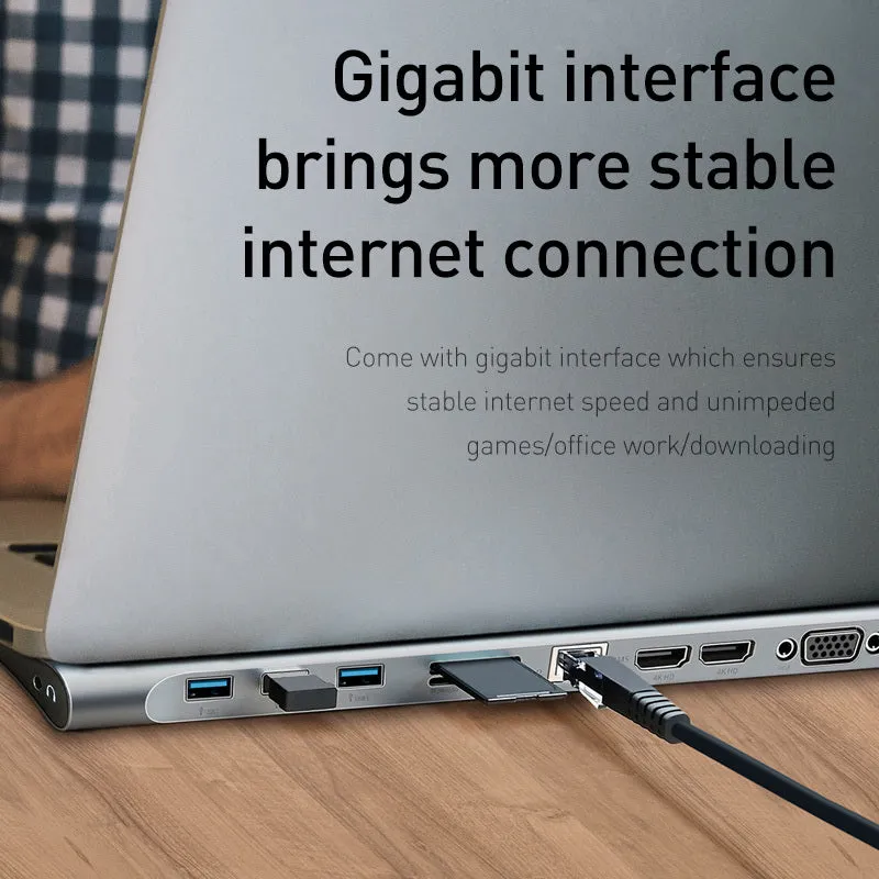 Grey aluminium USB C hub docking station with cooling bracket showing ten ports including HDMI and Ethernet