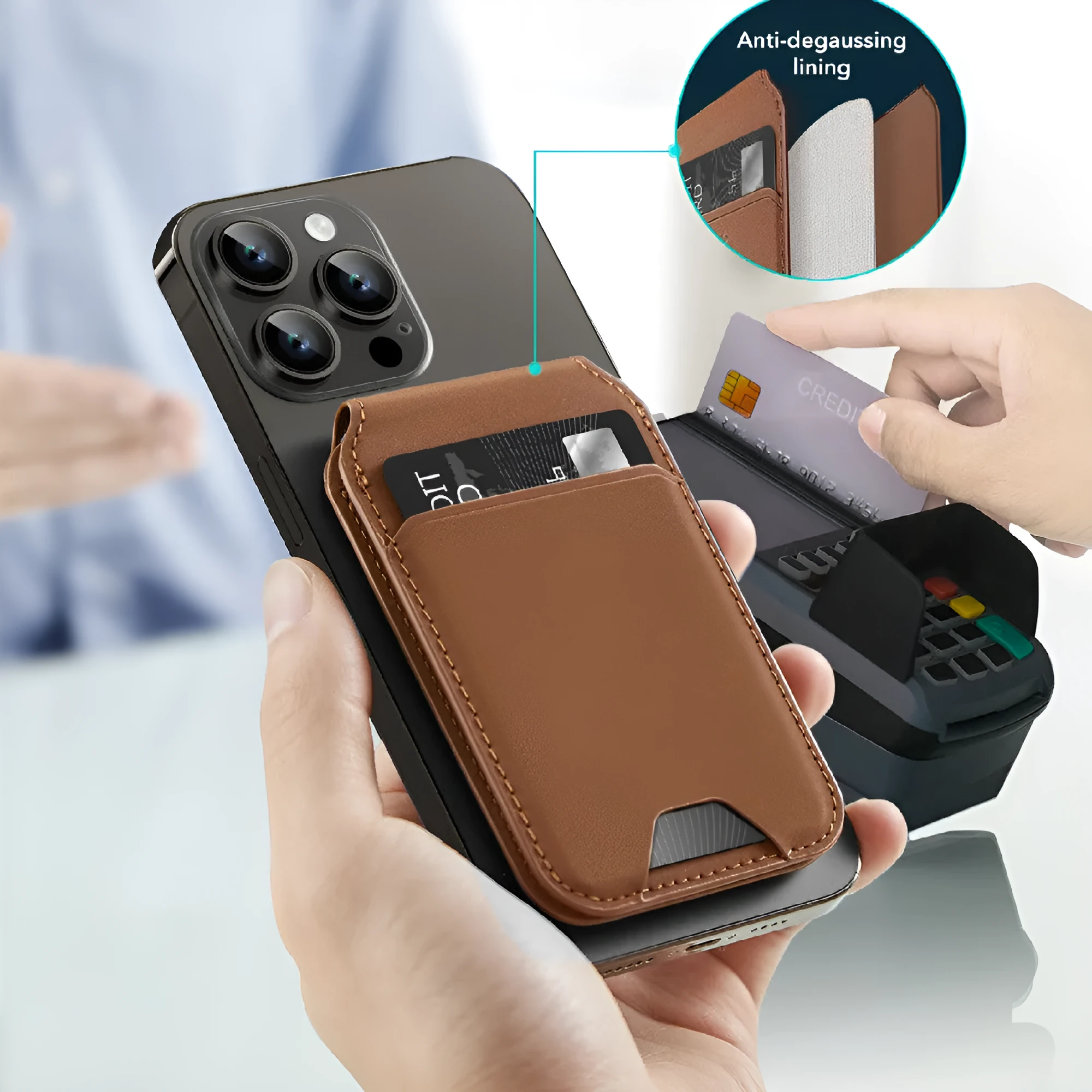Magnetic card holder phone case for iPhone showing card slot on back, available in multiple colours