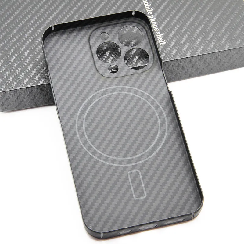 Magnetic hard fibre phone case for iPhone13 Pro Max in fine hole black grey with carbon fibre texture