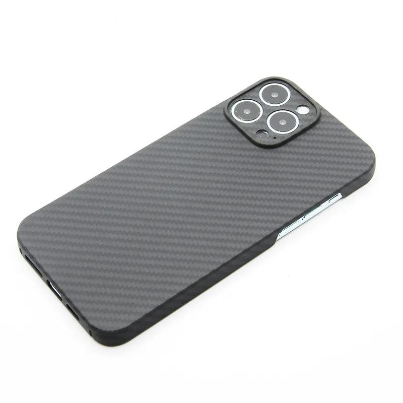 Magnetic hard fibre phone case for iPhone13 Pro Max in fine hole black grey with carbon fibre texture