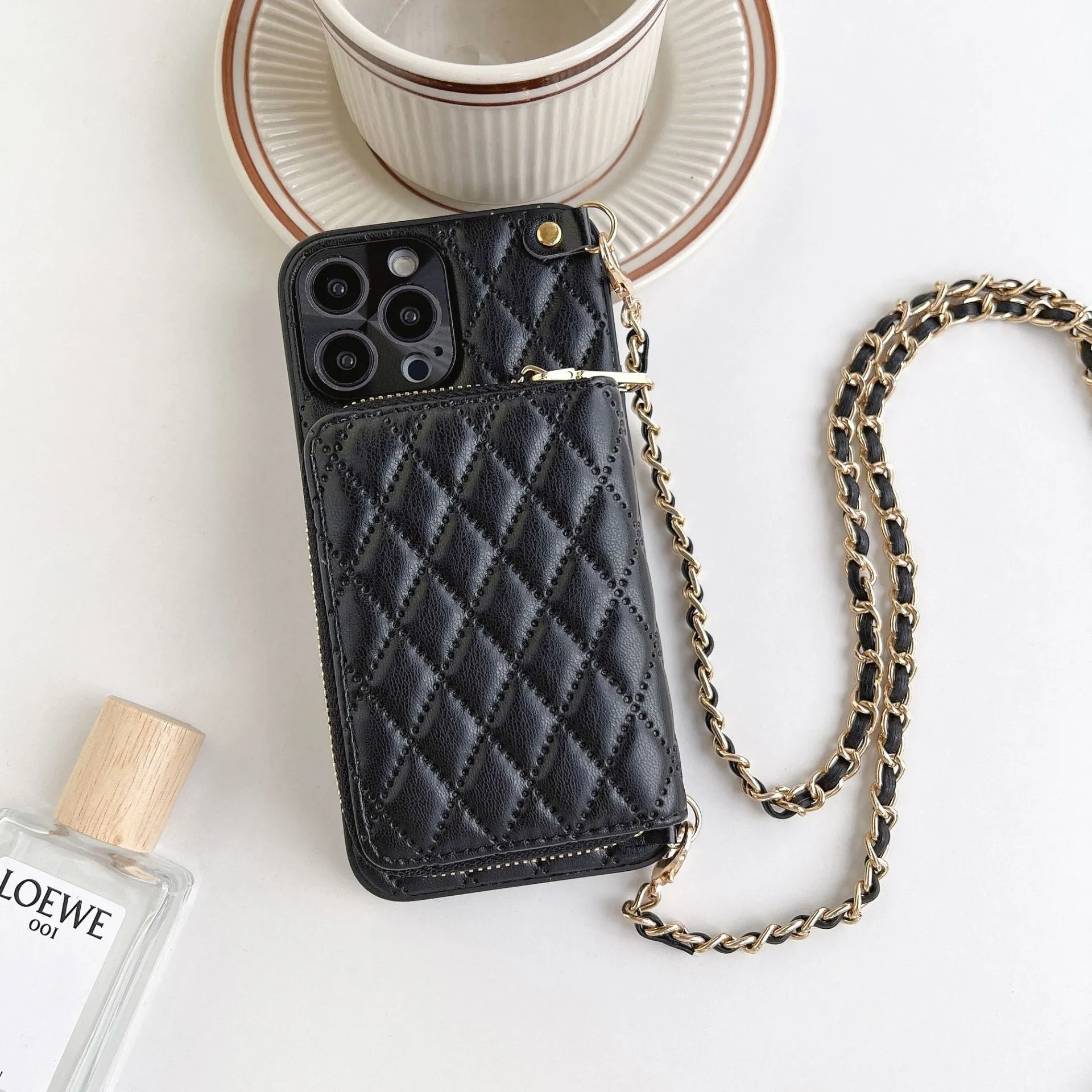 Lambskin phone case for Apple iPhone with card holder in white, showing front and back view