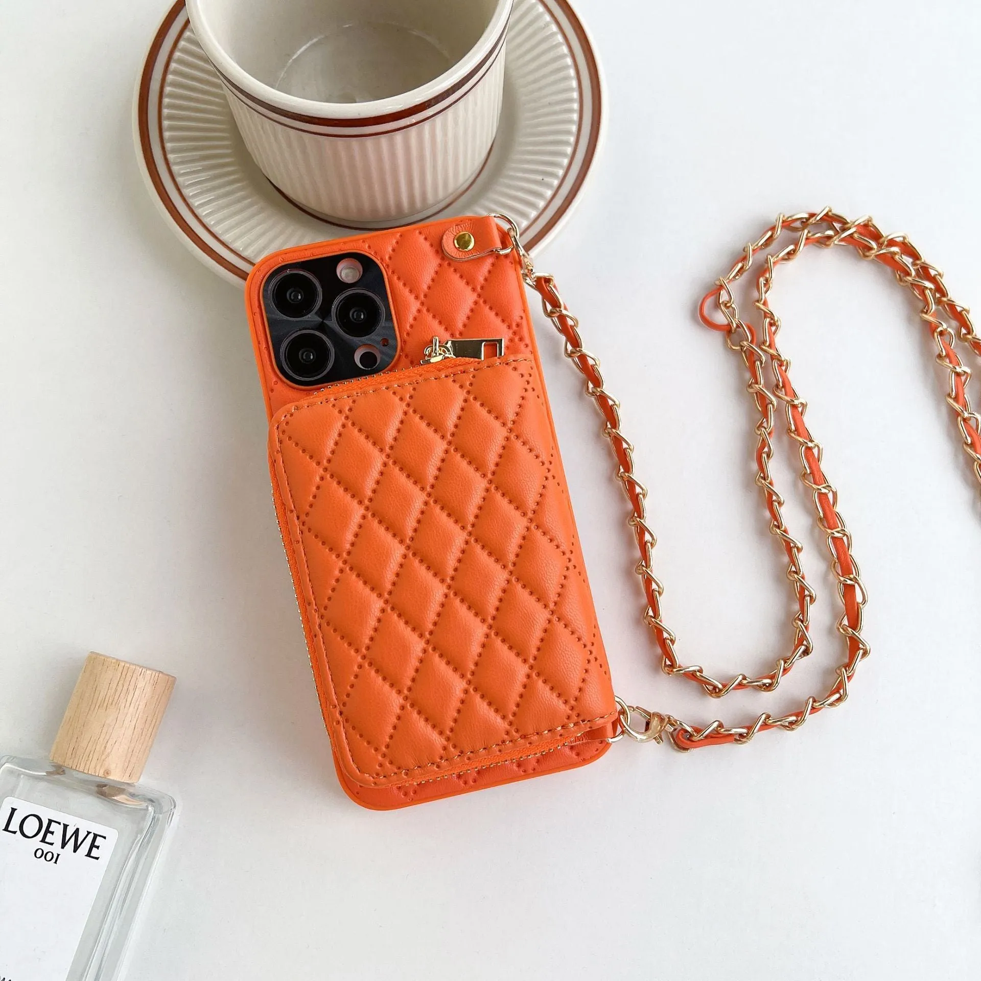 Lambskin phone case for Apple iPhone with card holder in white, showing front and back view