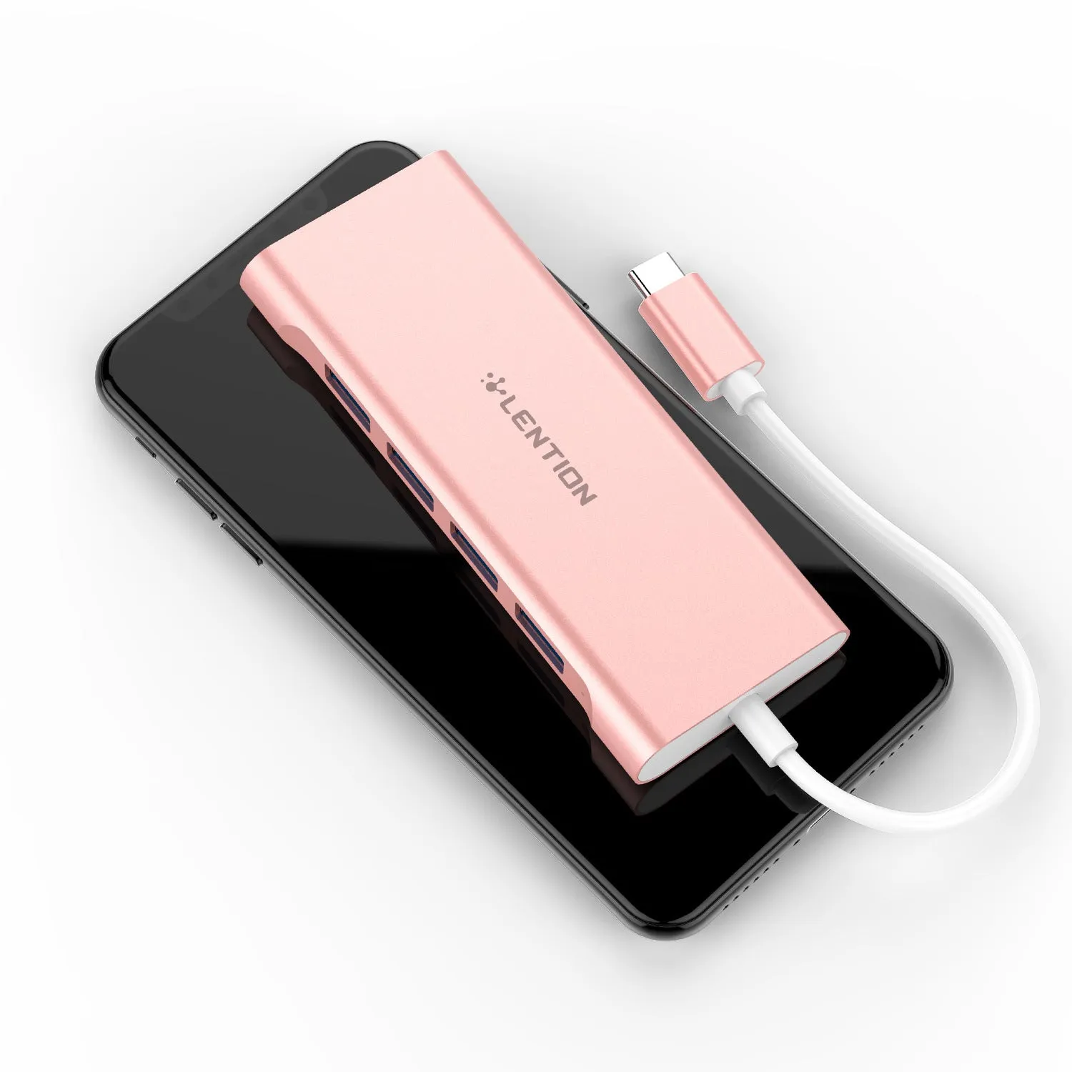 Lansheng USB Type C hub with four USB 3.0 ports and HDMI output in silver on a desk