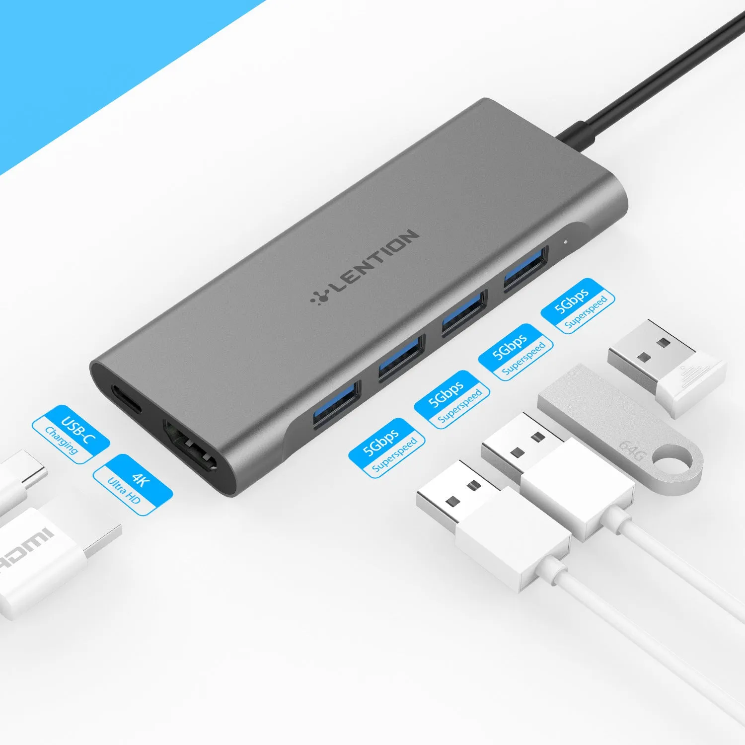 Lansheng USB Type C hub with four USB 3.0 ports and HDMI output in silver on a desk