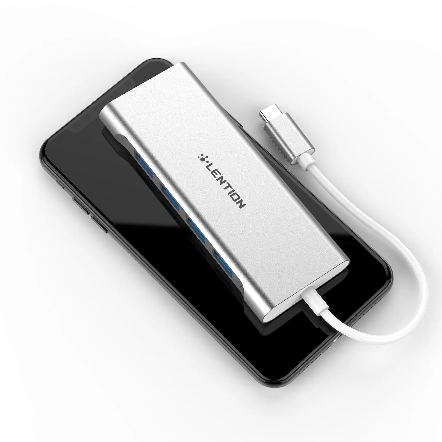 Lansheng USB Type C hub with four USB 3.0 ports and HDMI output in silver on a desk