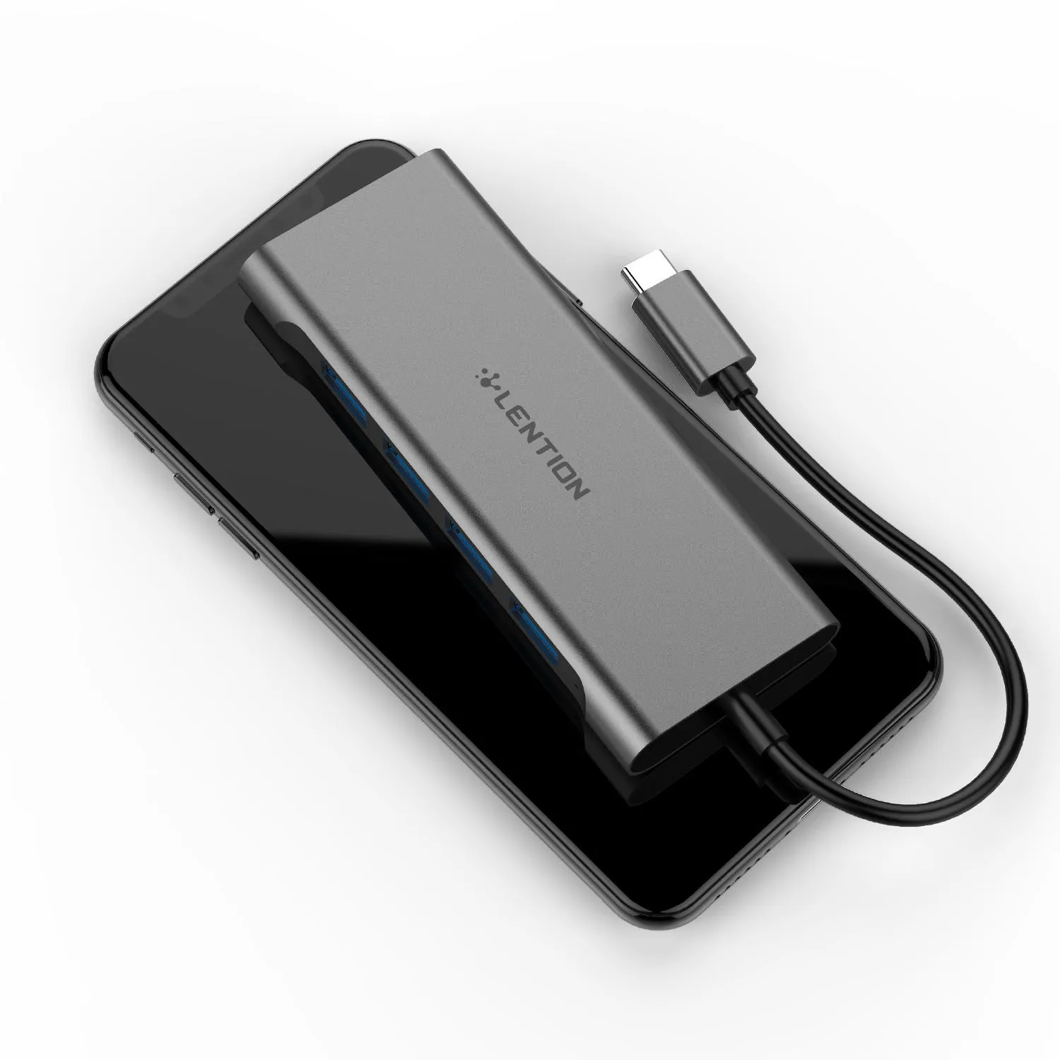 Lansheng USB Type C hub with four USB 3.0 ports and HDMI output in silver on a desk