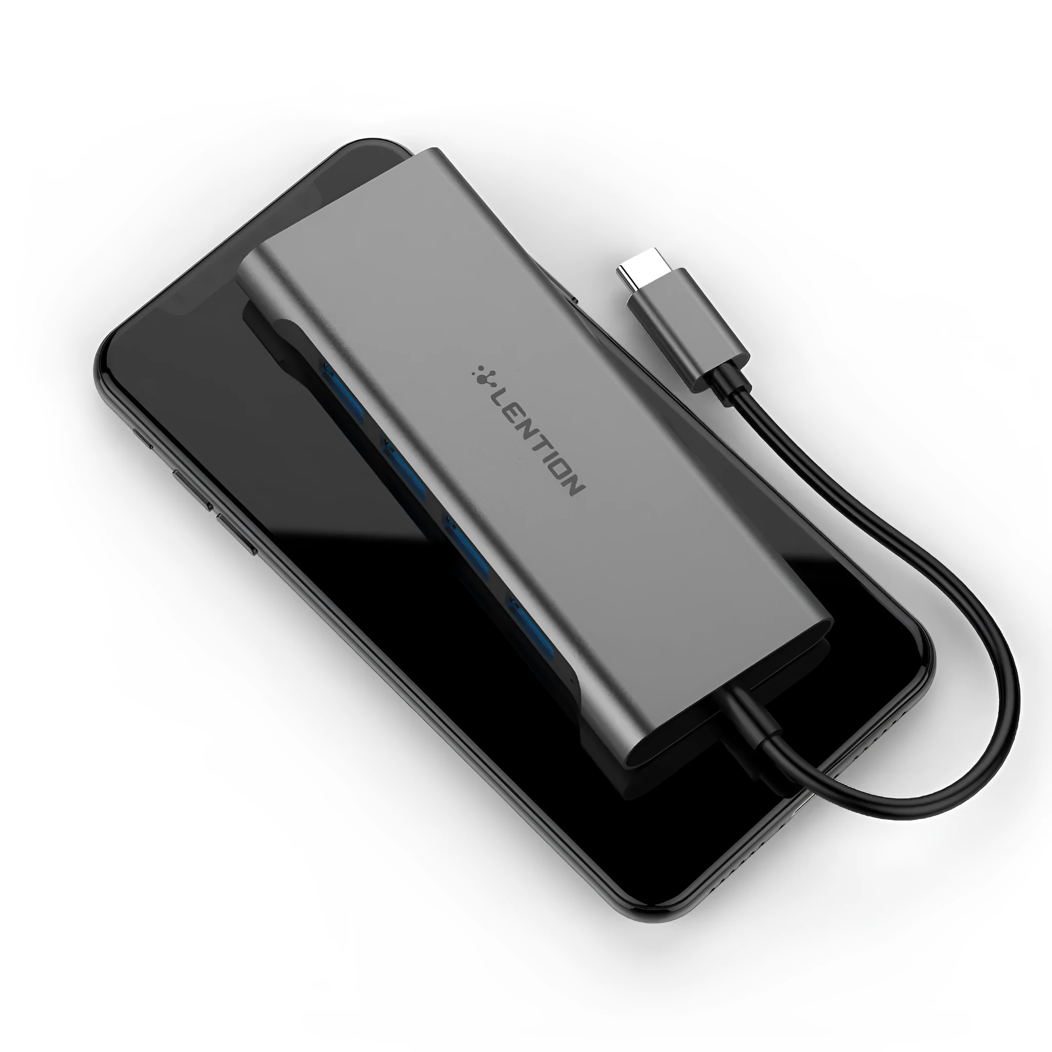 Lansheng USB Type C hub with four USB 3.0 ports and HDMI output in silver on a desk