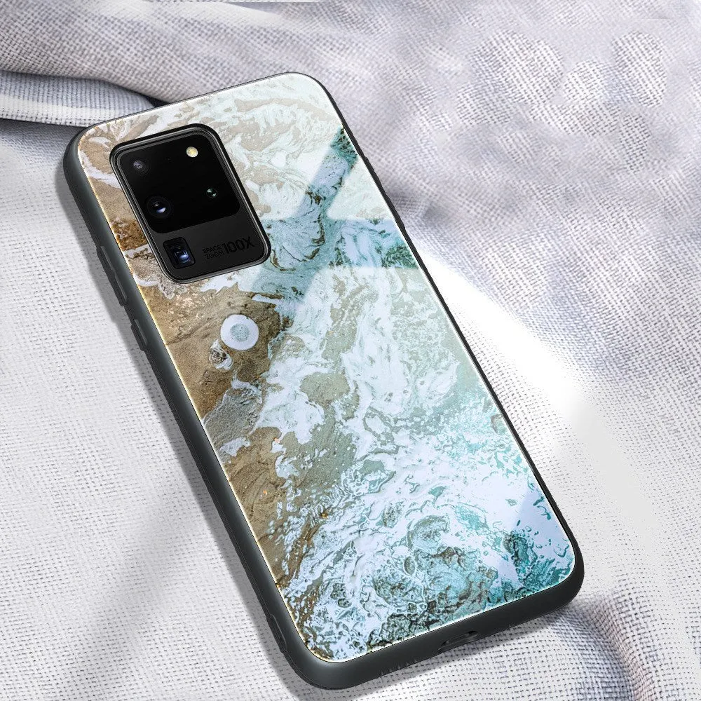 Marbled glass phone case with TPU bumper and tempered glass back for Samsung Galaxy models