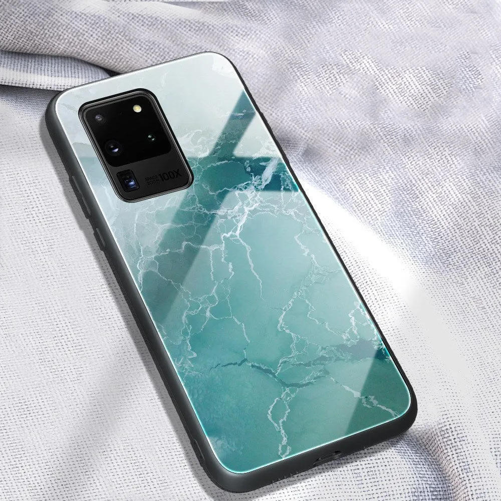 Marbled glass phone case with TPU bumper and tempered glass back for Samsung Galaxy models