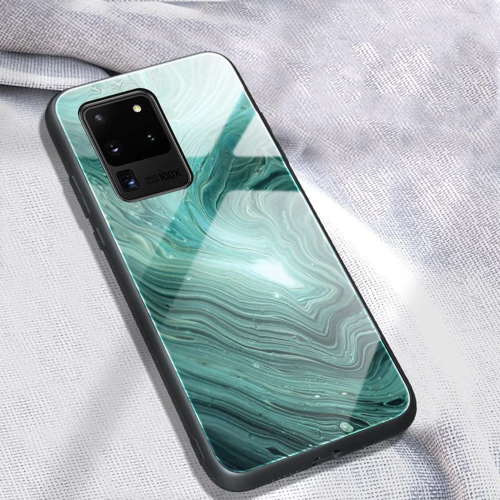 Marbled glass phone case with TPU bumper and tempered glass back for Samsung Galaxy models
