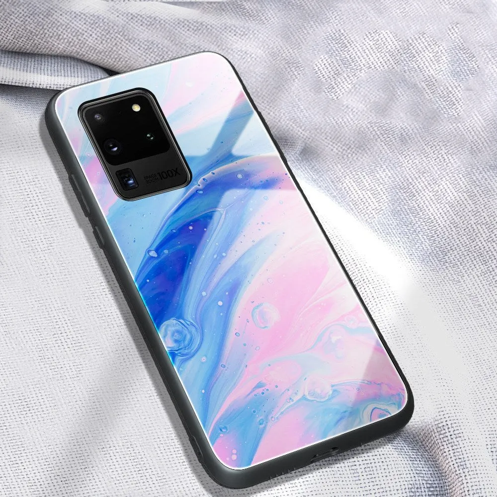 Marbled glass phone case with TPU bumper and tempered glass back for Samsung Galaxy models