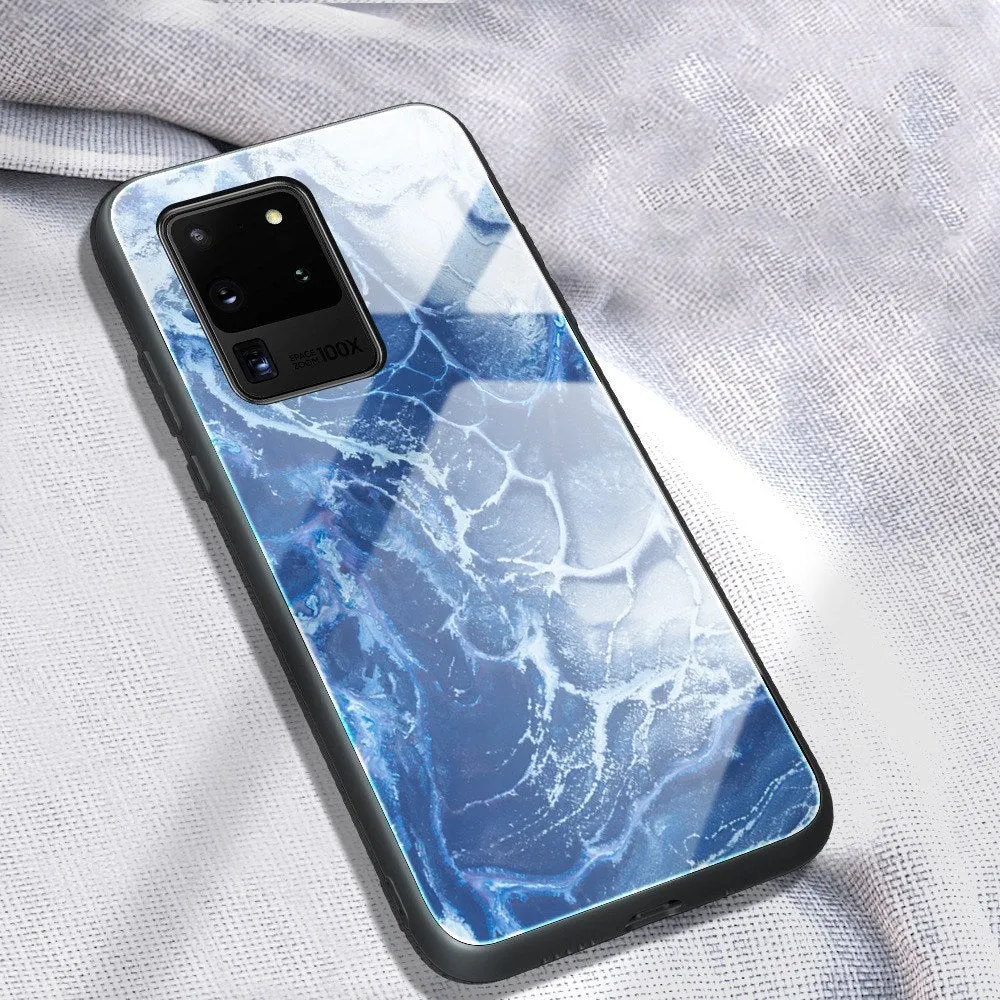 Marbled glass phone case with TPU bumper and tempered glass back for Samsung Galaxy models