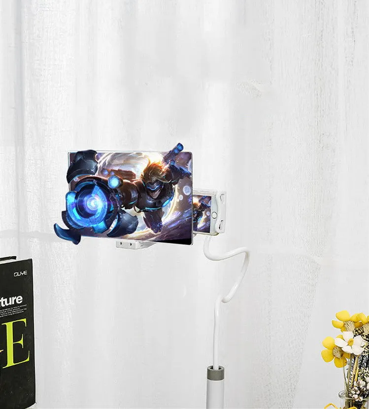 Black mobile phone screen amplifier with 12-inch blue lens on an adjustable, foldable stand.