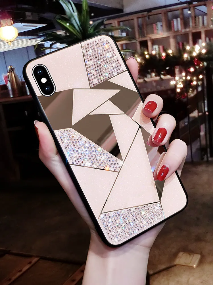 iPhone compatible silicone back cover with rhinestone diamond mirror finish in Gold and White colours for 11Pro, X, 8, 7, 6 models