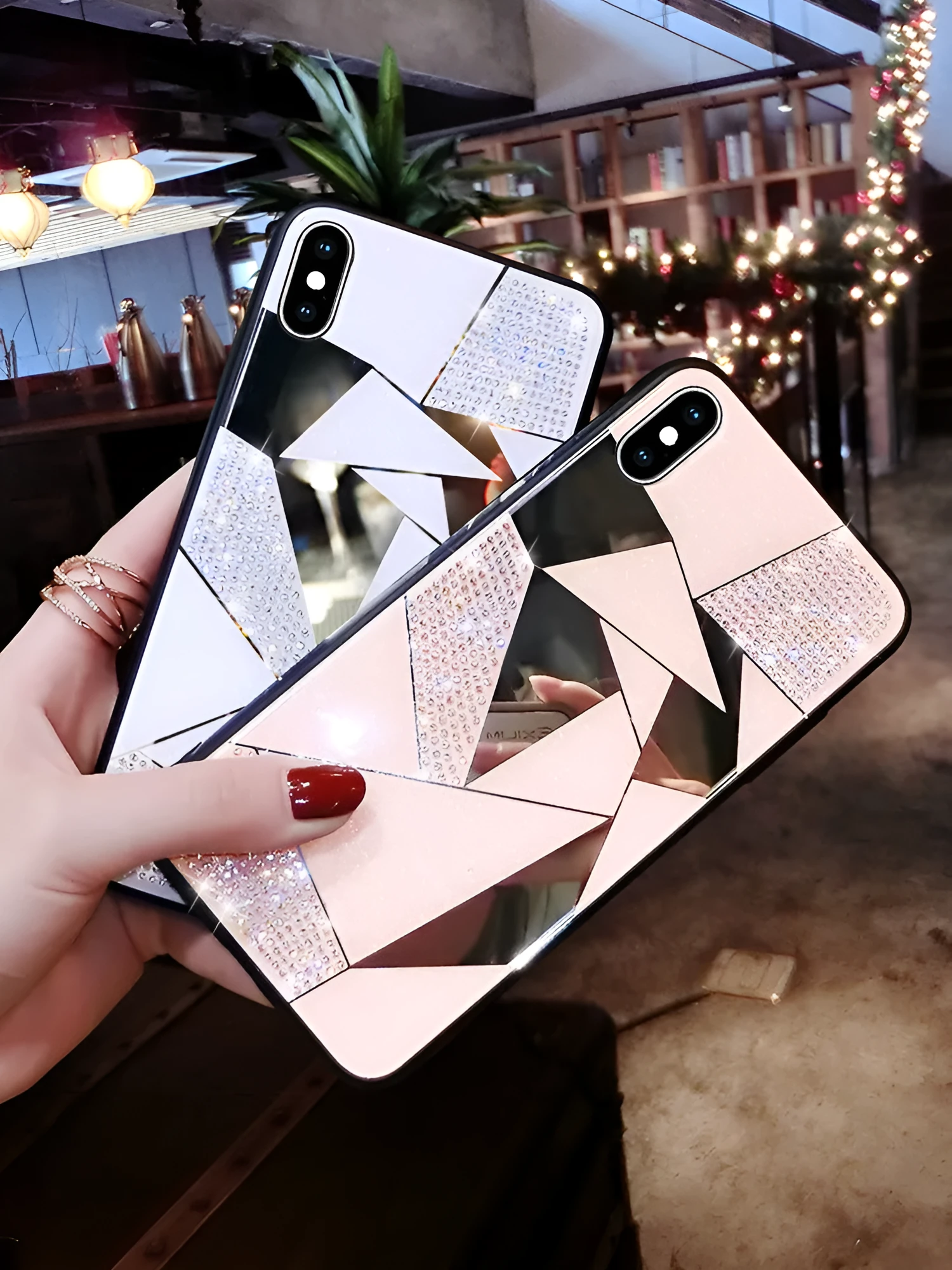 iPhone compatible silicone back cover with rhinestone diamond mirror finish in Gold and White colours for 11Pro, X, 8, 7, 6 models