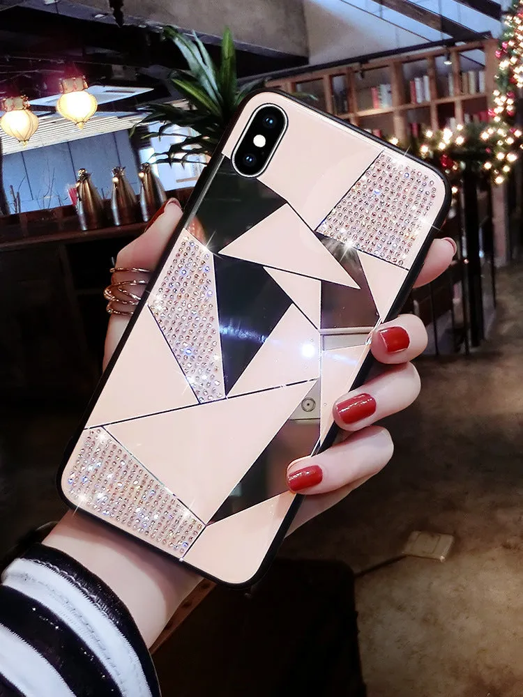 iPhone compatible silicone back cover with rhinestone diamond mirror finish in Gold and White colours for 11Pro, X, 8, 7, 6 models