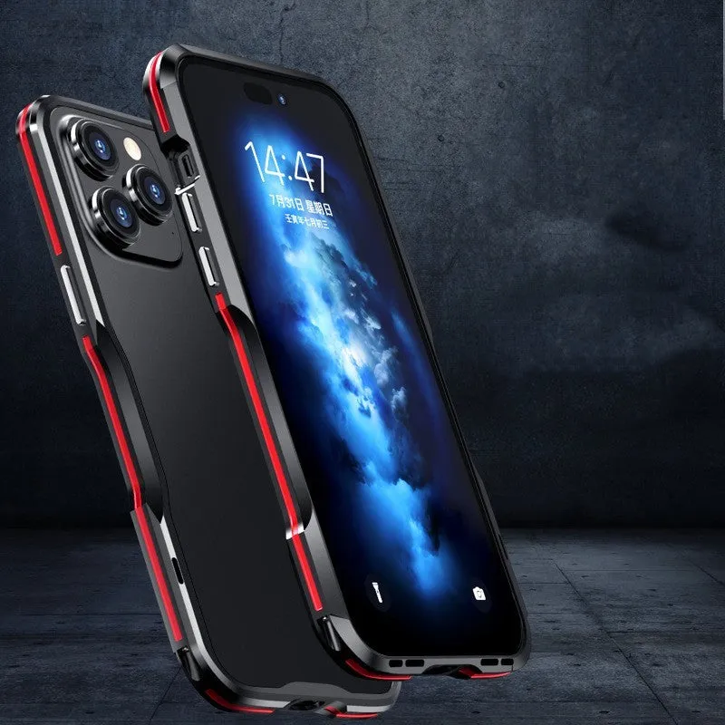 Metal bezel-proof screw-fixed phone case for Apple iPhone 14 series, black colour, showing metal edge cutting and secure fit