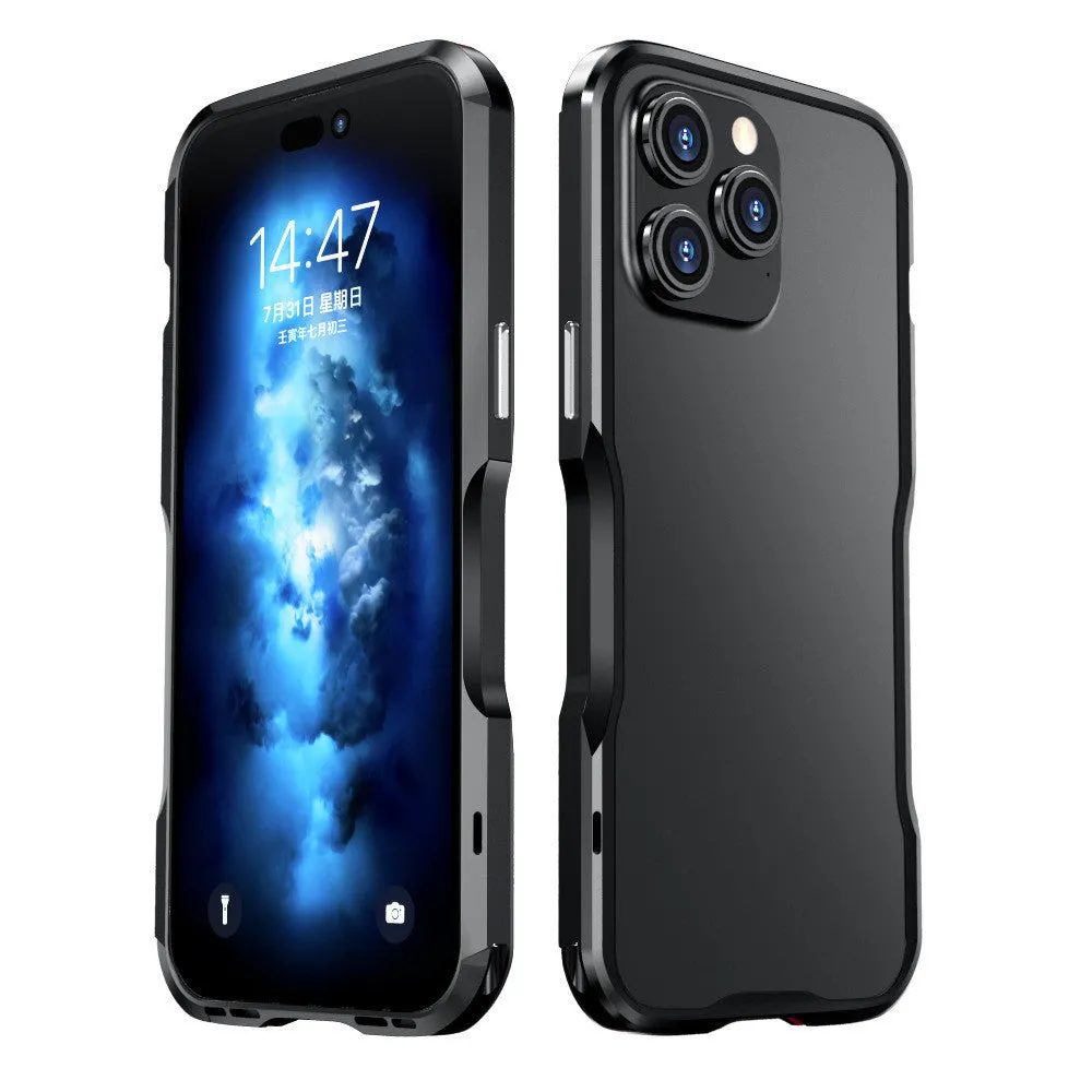 Metal bezel-proof screw-fixed phone case for Apple iPhone 14 series, black colour, showing metal edge cutting and secure fit