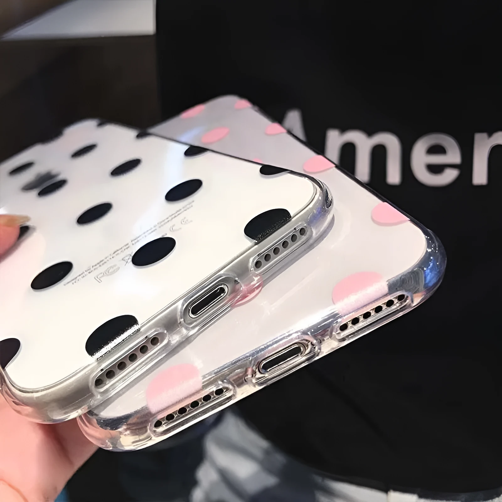 Dot TPU back cover case with wave point design for iPhone, black colour, showing rear and side view