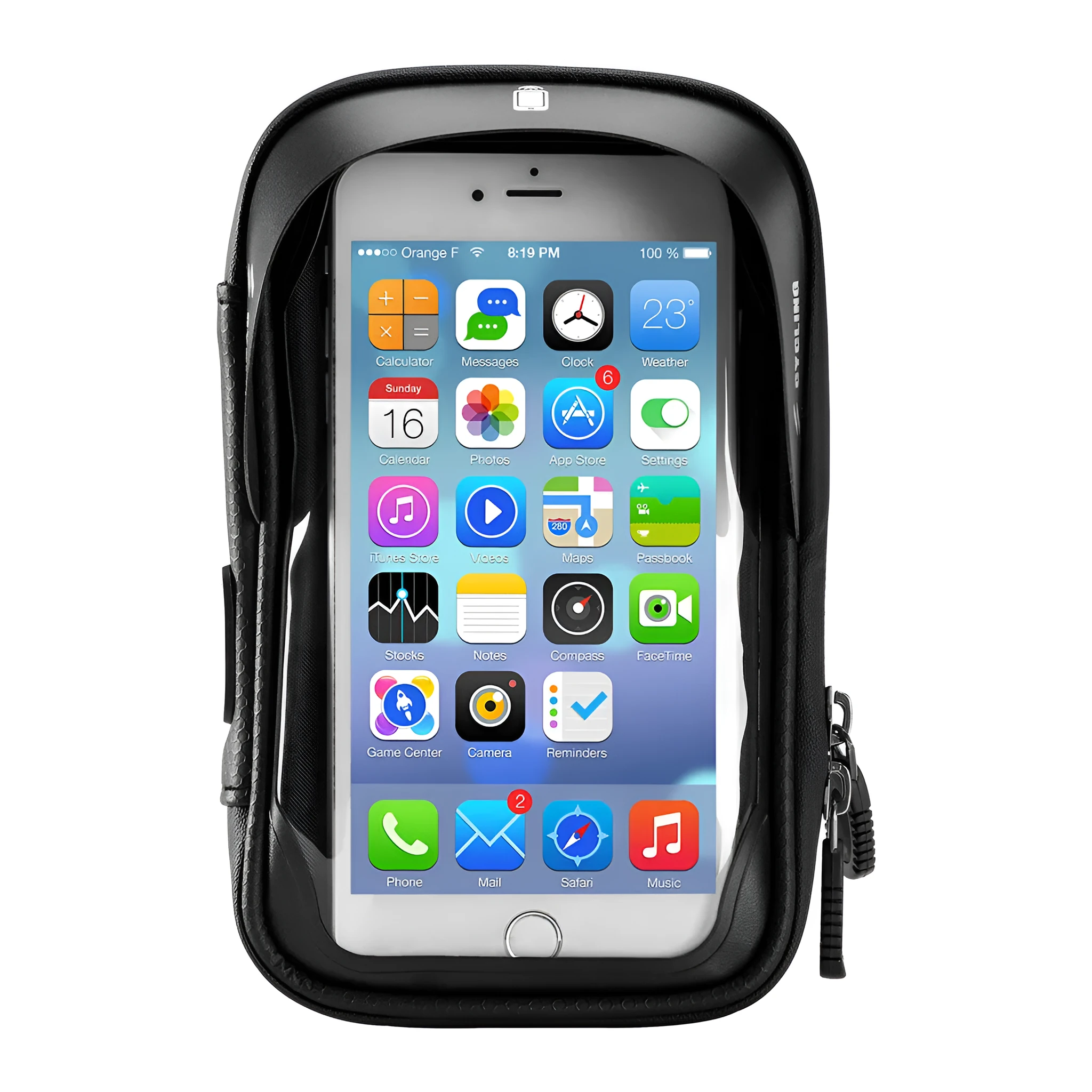 Black waterproof bicycle handlebar bag with transparent touch screen window on bike handlebars