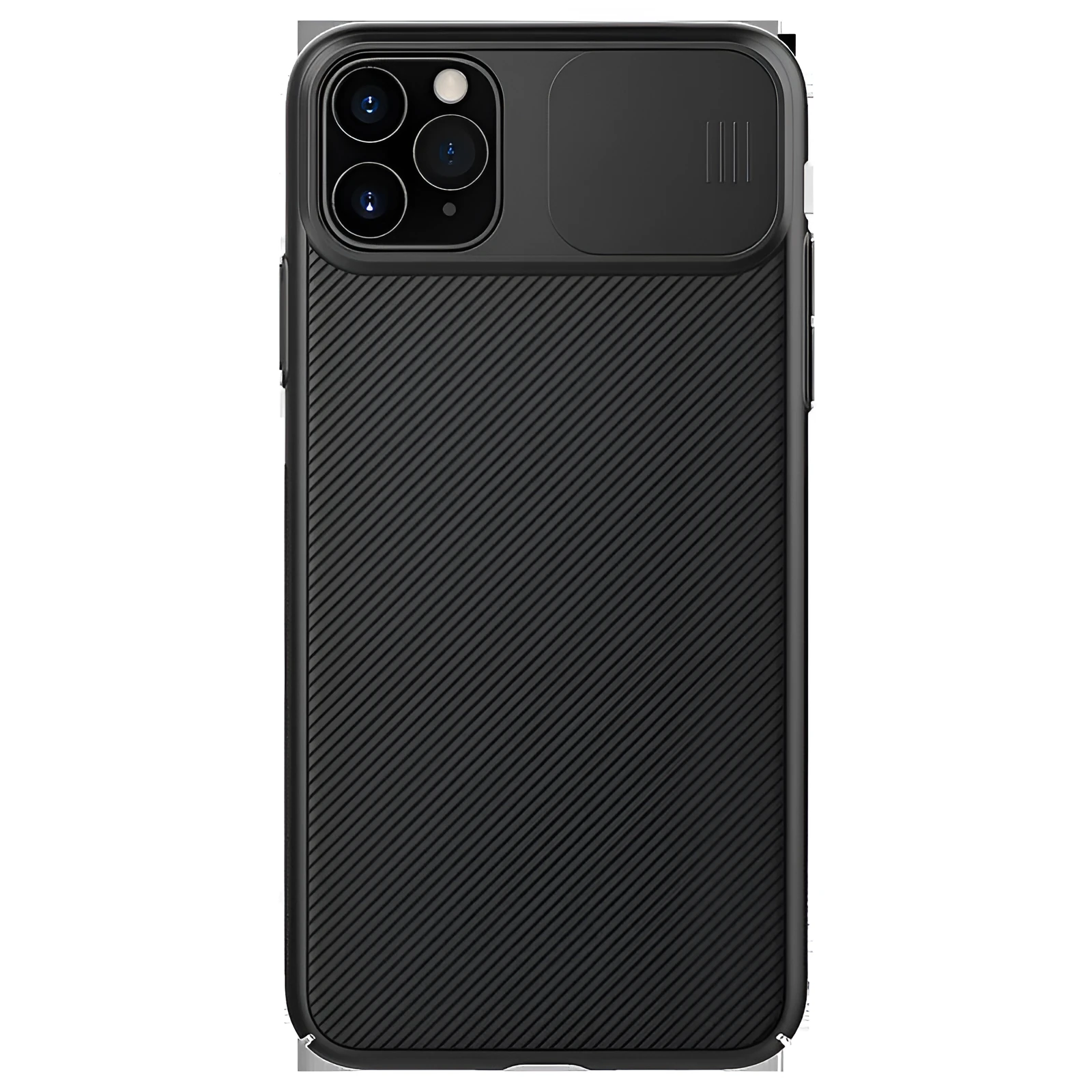 Solid colour PC phone case with lens protector for iPhone 11 Pro, black finish on rear view